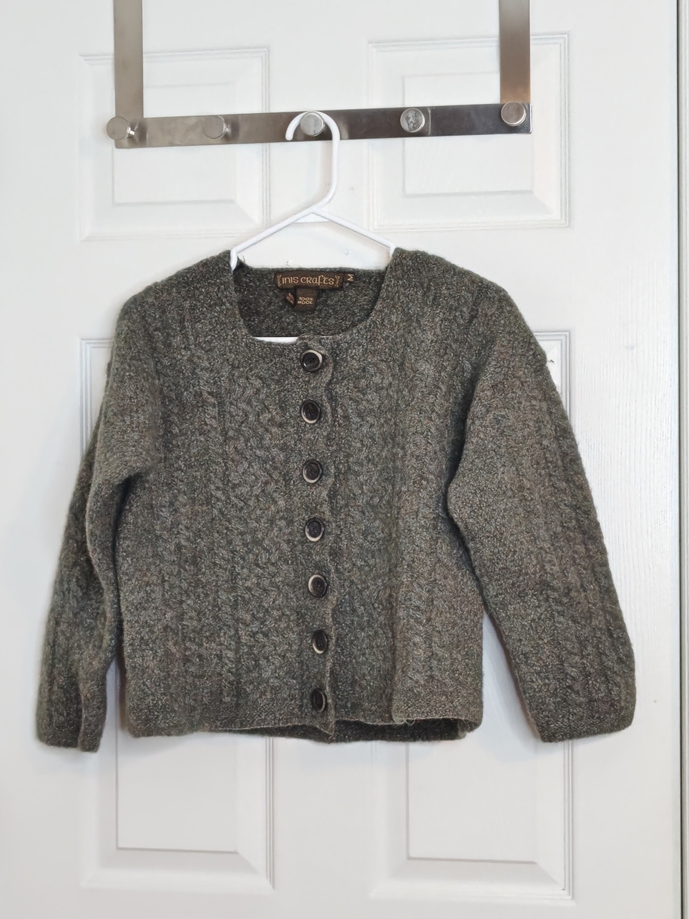 Inis Crafts Olive Green Grey Cable Knit Wool Sweater Cardigan Size M